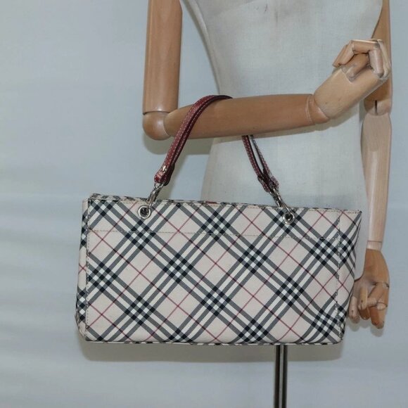 BURBERRY Nova Check Blue Label Tote Bag Canvas Beige Silver Auth - Picture 1 of 15